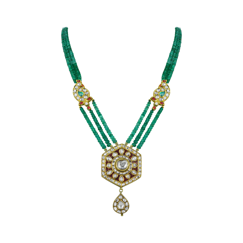 Triple-Strand Emerald Necklace with Red Stone, and Polki